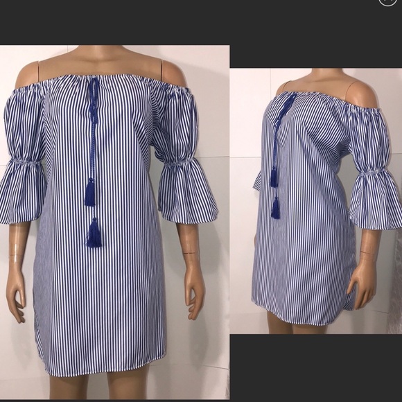 cleo Dresses & Skirts - Cleo Dress off the shoulders blue/white